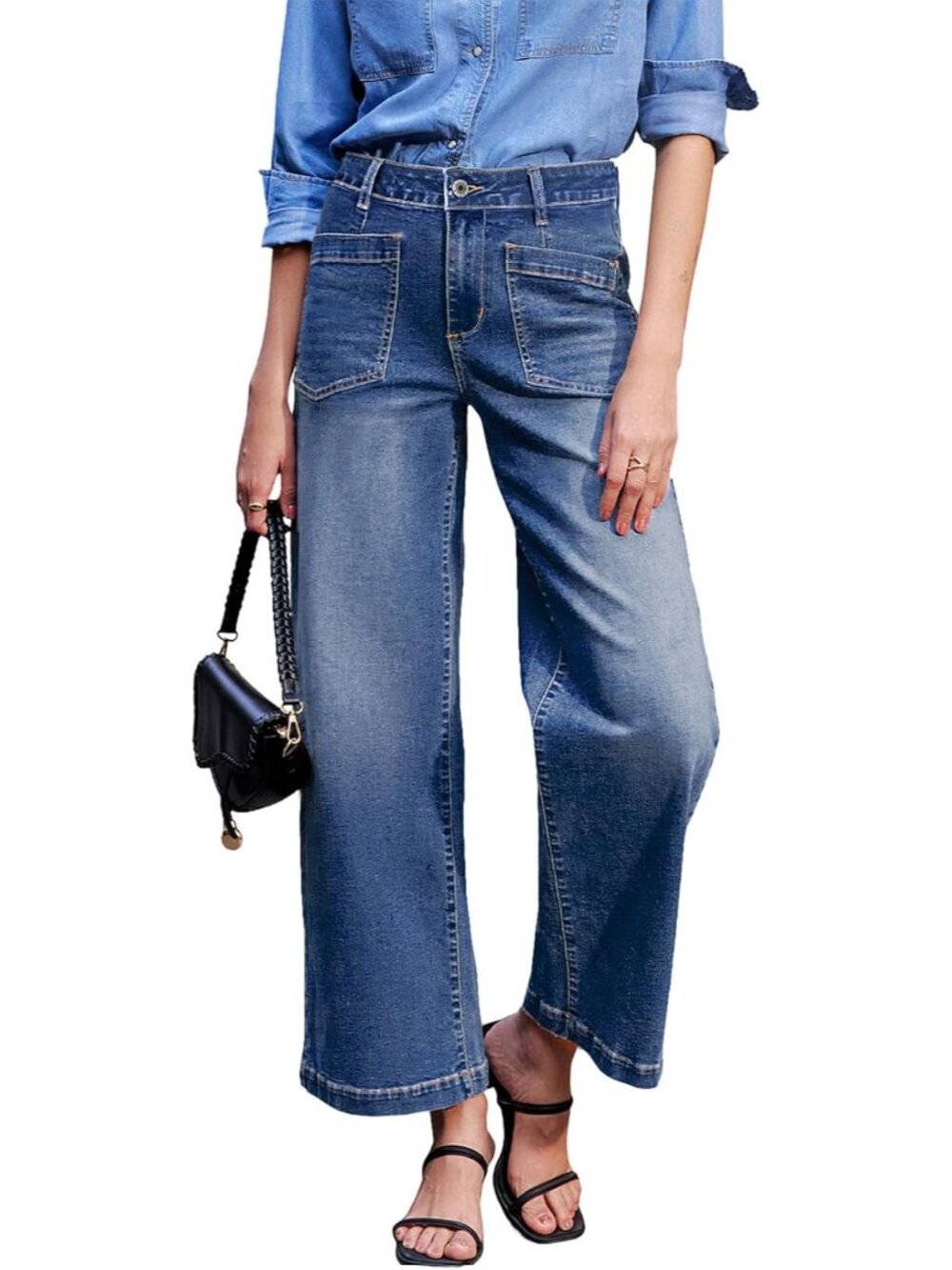 Women's Blue Wide Leg Jeans High Waisted Stretchy Stylish Ankle Denim Pant